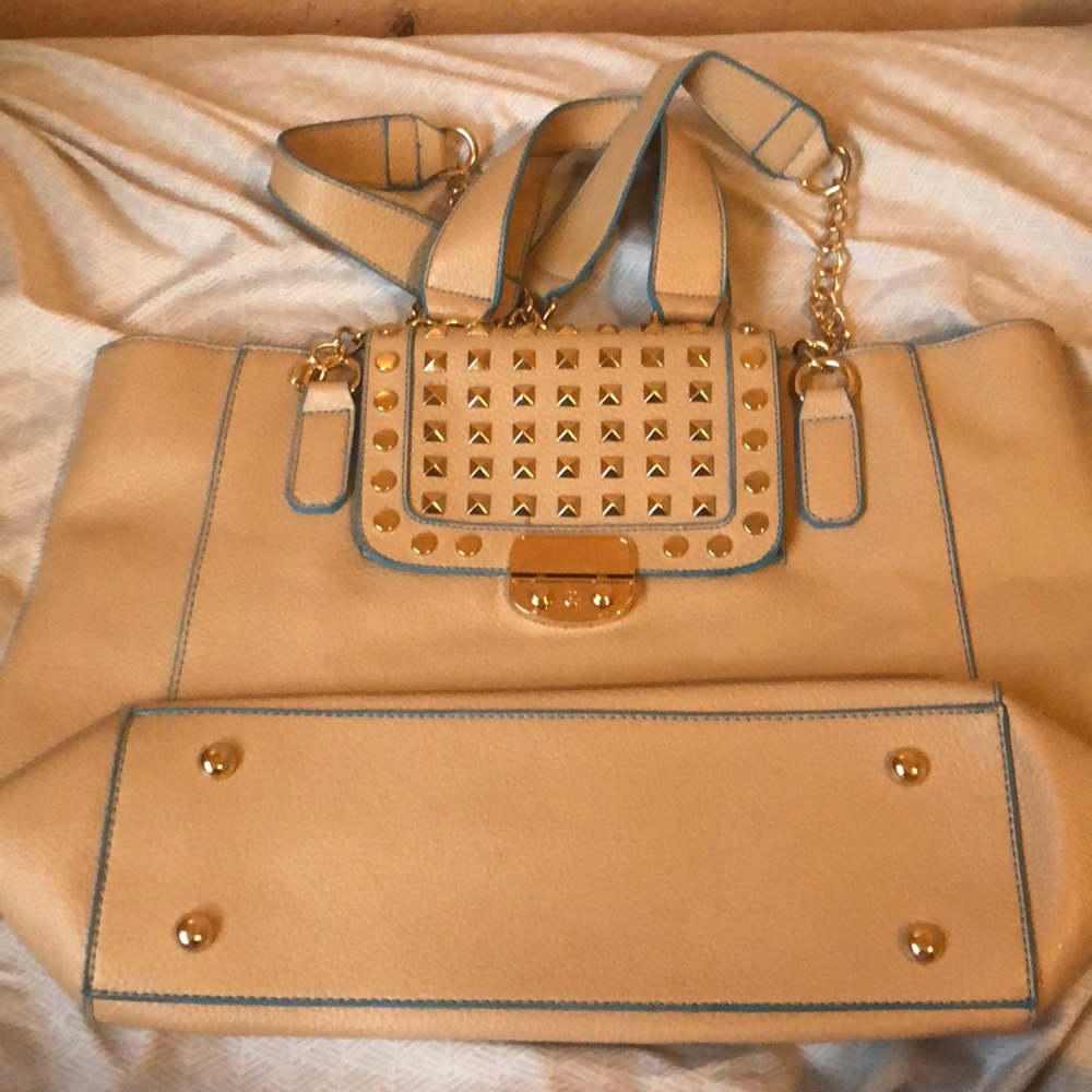 Blue and tan rhinestone purse